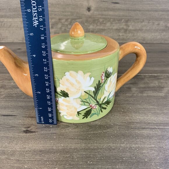 Vintage Teapot Hand Painted Flowers Ceramic Teapot Designpac Green 4 Inch - Picture 5 of 9